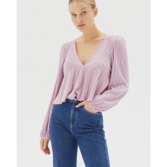 Urban Outfitters Lilac Ribbed Cropped Babydoll Peplum Long Sleeve Top size Small - Picture 2 of 7